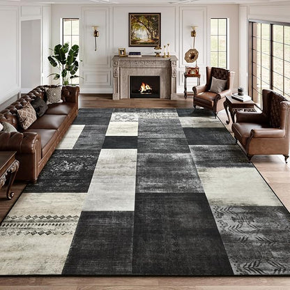 DweIke Washable Area Rugs for Living Room, 6x9 Large Bedroom Rugs, Geometric Non Slip Low Pile Indoor Throw Carpets for Bedroom Apartment Dining Room Home Office Hardwood Floor, Black and White