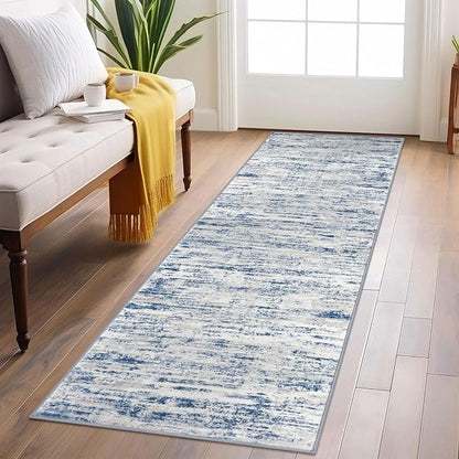 Modern Abstract Runner Rug 2x6, Blue White Washable Kitchen Runner Non-Slip Soft Hallway Rug Runner Thin Print Faux Wool Carpet for Entryway Bedroom Laundry Room Indoor Home Decor