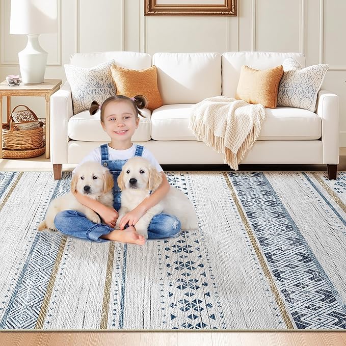 BESTSWEETIE 8x10 Area Rugs for Living Room Washable Moroccan Farmhouse Neutral Geometric Low Pile Non-Slip Soft Print Pattern Rug for Bedroom Kitchen Dining Room Entryway Blue/Brown