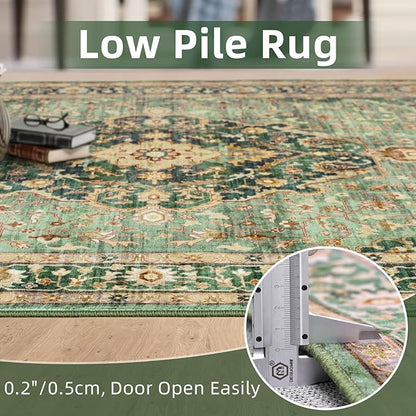 Green Rugs for Living Room - Boho 4x6 Area Rug Ultra Soft Vintage Rugs for Bedroom Playroom Decor, Low Pile Non-Slip Backing Throw Rugs Washable (Border Green