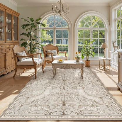 Lahome Boho Animal Washable Rugs for Living Room 8x10, Beige Soft Rugs for Bedroom, Botanical Large Boho Non Slip Dining Room Carpet for Under Table Office Kids Playroom (8x10ft,Beige)