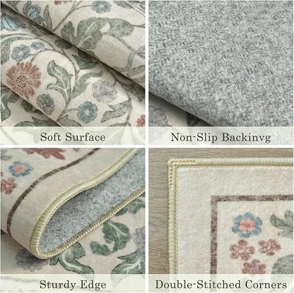 3x5 Washable Area Rug Floral Beige Entryway Small Rug Vintage Forest Low Pile Non Slip Stain Resistance Soft Carpet for Kitchen, Bedroom Beside, Laundry Room, Office Rug, Kids Room, Nursery Room