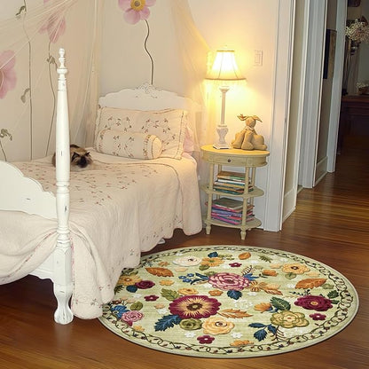 4ft Round Machine Washable Area Rug for Living Room, Green Vintage Boho Floral Rug Large Non-Slip Low Pile Soft Faux Wool Carpet, Kids and Pets Friendly for Bedroom Nursery Farmhouse Home Decor Rug