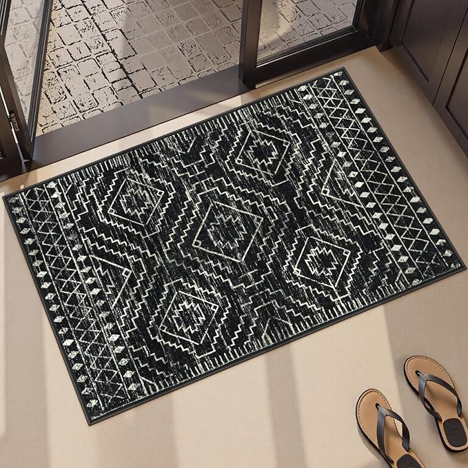 Wonnitar Moroccan Bathroom Rug,Washable 2x3 Small Bath Mat, Boho Tribal Soft Kitchen Sink Mat, Non-Slip Geometric Entry Way Rug, Low-Pile Indoor Carpet for Bedside Entrance Laundry (Black,2'x3')