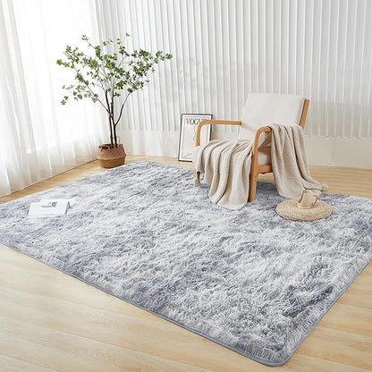 Andency Soft Area Rugs for Living Room Bedroom, 5x8 Fluffy Shaggy Bedside Rug, Non-Slip Large Shag Fuzzy Plush Carpets for Bedroom Kids Dorm Nursery Home Decor Aesthetic, Tie-Dyed Light Grey