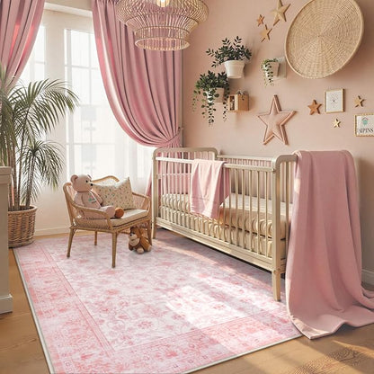LIVEBOX Pink Area Rug 4x6, Vintage Living Room Rug Machine Washable Area Rugs, Pink Rugs for Bedroom Girls, Indoor Carpet for Dining Room Nursery Dorm Home Decor