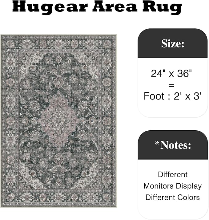 HUGEAR 2x3 Entryway Area Rug Retro Black Small Rug Machine Washable Door Mat Vintage Floral Low Pile Carpet Distressed Throw Rug Entrance Kitchen Bathroom Bedroom Office Non Slip Soft Lightweight