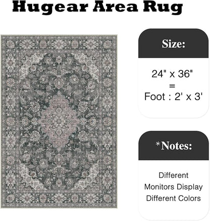 HUGEAR 2x3 Entryway Area Rug Retro Black Small Rug Machine Washable Door Mat Vintage Floral Low Pile Carpet Distressed Throw Rug Entrance Kitchen Bathroom Bedroom Office Non Slip Soft Lightweight