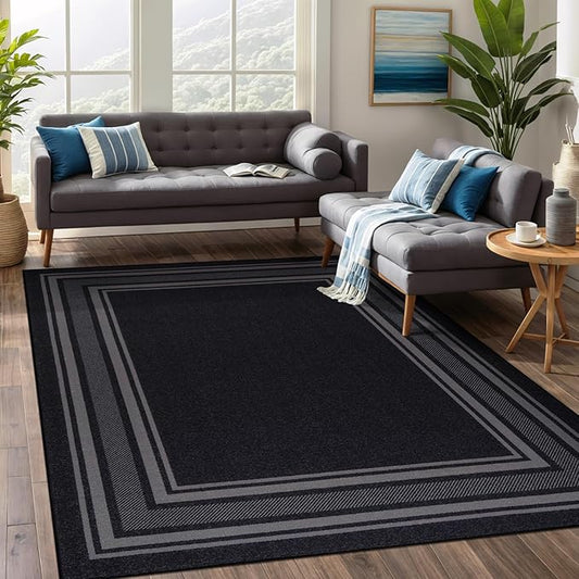 Beverly Rug Non Slip Area Rugs 8x10 Modern Bordered Non Skid Rubber Backing Soft Area Rug for Living Dining Room Easy to Clean Non Shedding Kitchen Bedroom Indoor Carpet 8 x 10 Black