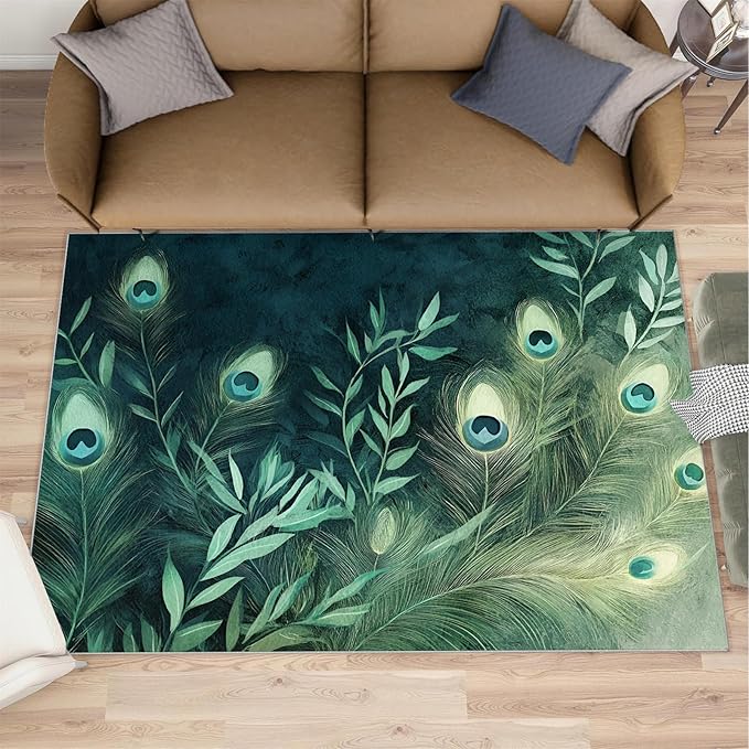 Peacock Feather Rugs for Living Room - 3x5 Rug, Peacock Decor Area Rugs for Bedroom, Teal Turquoise Rug, Plant Washable Carpet, Malachite Green Feather Carpet - Peafowl Home Decor & Gifts