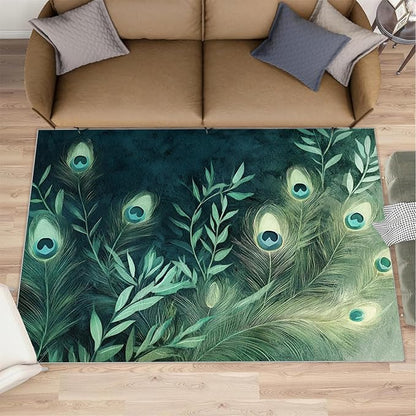 Peacock Feather Rugs for Living Room - 8x10 Rug, Peacock Decor Area Rugs for Bedroom, Teal Turquoise Rug, Plant Washable Carpet, Malachite Green Feather Carpet - Peafowl Home Decor & Gifts