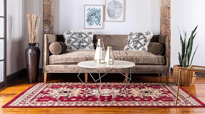 Unique Loom Taftan Collection Border Geometric Tribal Inspired Design Area Rug (9' 0 x 12' 0 Rectangular, Red/ Gold)