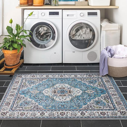 COMSLE Area Rug 3x5 Faux Wool Rugs for Kitchen, Boho Washable Throw Rugs Non-Slip Distressed Carpet Soft Accent Floor Rug for Bedroom, Living Room, Laundry Room (Light Blue)