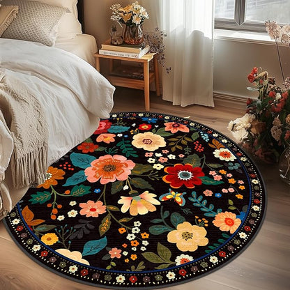 Floral 4ft Area Rug Machine Washable Soft Print Boho Carpet Non Slip Doormat Low Pile Flower Area Rugs for Living Room Bedroom Nursery Kitchen Dining Room Indoor-Black