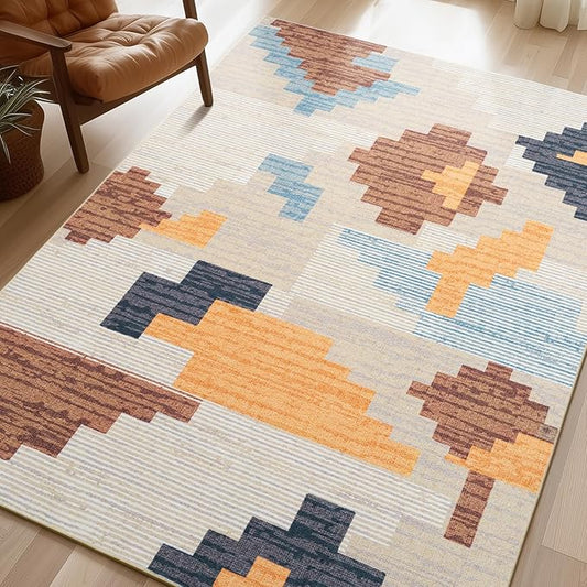 Phantoscope Washable Area Rug 5'x7' Non-Slip, Modern Neutral Boho Rugs for Living Room, Bedroom, Dining Room, Abstract Geometric Blocks Pattern, Low-Pile Foldable Floor Carpet, Warm Terracotta/Cream