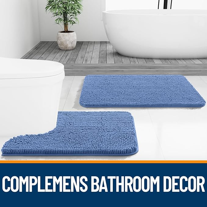 OLANLY Bathroom Rugs 44x24, Extra Soft Absorbent Chenille Bath Rugs, Rubber Backing Quick Dry, Machine Washable Bath Mats for Bathroom Floor, Tub and Shower, Home Decor Accessories, Cornflower Blue