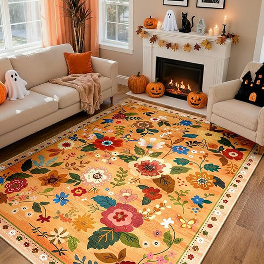 Floral 9x12 Area Rug Machine Washable Soft Print Boho Carpet Non Slip Doormat Low Pile Flower Area Rugs for Living Room Bedroom Nursery Kitchen Dining Room Indoor-Yellow/Orange