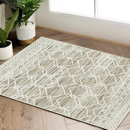 jinchan Moroccan 2x3 Rug for Entryway - Machine Washable Rug Modern Geometric Kitchen Soft Faux Wool Non-Slip Indoor Doormat Ultra-Thin Carpet for Entrance Bathroom Bedroom Living Room (2x3ft, Taupe)