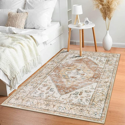 Lahome Boho Washable Living Room Area Rug 3x5 Throw Non-Slip Rugs for Bedroom Aesthetic Lightweight Thin Entry Rug Kitchen Rugs Oriental Distressed Print Capet for Office Bathroom Laundry Room