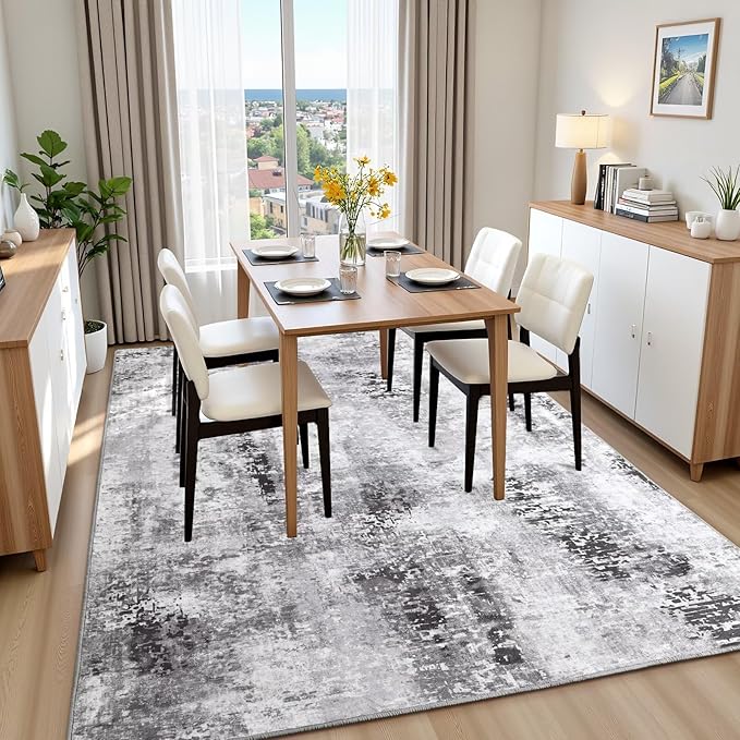 Washable Abstract Rug, 5x7 Modern Area Rugs with Non-Slip Rubber Backed for Living Room, Thin but Soft Contemporary Carpet Kitchen Bedroom Dining Room Decor, Dark Grey