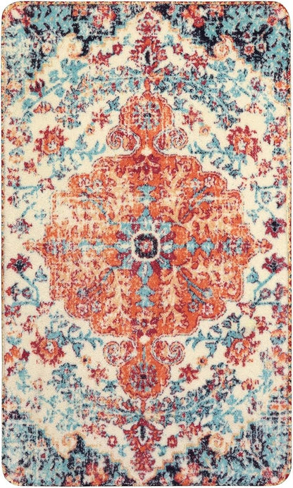 Lahome Bohemian Floral Medallion Area Rug - 2x3 Oriental Distressed Small Bath Rug Country Vintage Doormat Faux Wool Non-Slip Washable Low-Pile Carpet for Bathroom Kitchen Laundry Room Decor