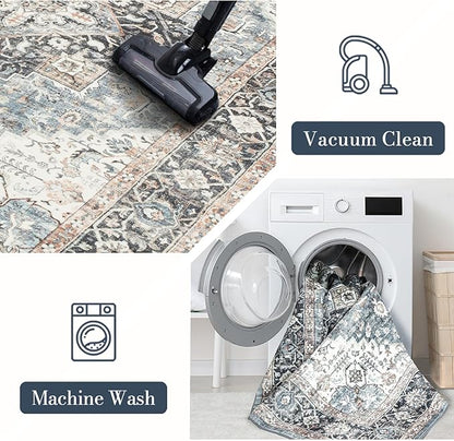 Area Rug 3×5, Vintage Boho Rug,Ultra-Soft Low Pile, Washable, Non Slip,Stain Resistant Printed Carpet for Living Room Bedrooms Playroom Office Kitchen, Blue/Navy