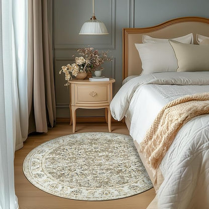 jinchan Fiora Round Rug 4ft Area Rugs Vintage Floral Distressed Design - Machine Washable Non-Slip Low-Pile Ultra-Thin Circle Rug for Entryway Bedside Living Room Dining Room Bedroom (4' Round, Taupe)
