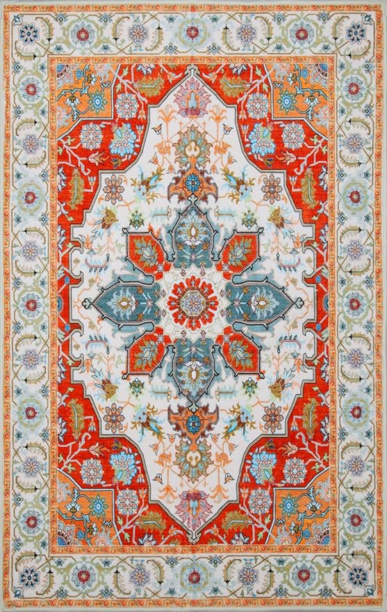 WILLSUN Washable Area Rugs, 3x5 Non-Slip Boho Large Area Rugs for Living Room, Bedroom, Machine Washable Vintage Rug, Indoor Floral Print Carpet for Home Decor, Kid & Pet Friendly Mat