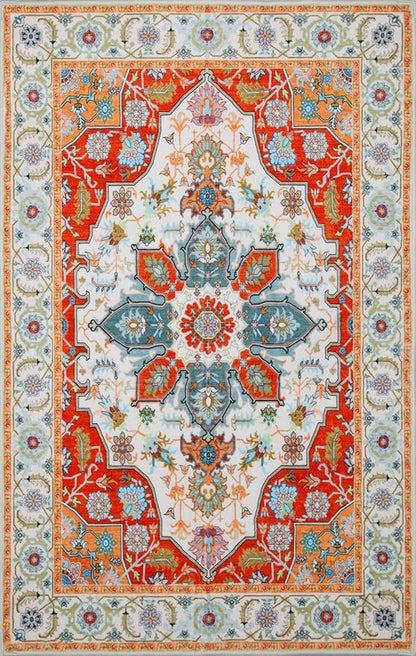 WILLSUN Washable Area Rugs, 4x6 Non-Slip Boho Large Area Rugs for Living Room, Bedroom, Machine Washable Vintage Rug, Indoor Floral Print Carpet for Home Decor, Kid & Pet Friendly Mat