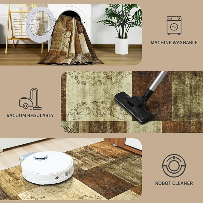 DweIke Washable Area Rugs for Living Room, 6x9 Large Bedroom Rugs, Geometric Print Non Slip Low Pile Indoor Throw Carpets for Bedroom Apartment Dining Room Home Office Hardwood Floor, Brown
