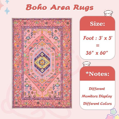 SERISSA 3x5 Boho Area Rug, Washable Non-Slip Rugs for Baby Girls Bedroom, Ultra Soft Cute Pastel Aesthetic Fuchsia Pink Rugs for Nursery Indoor Entryway Kitchen Office Kids Playroom Dorm Decor