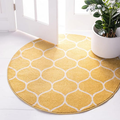 Rugs.com Lattice Frieze Collection Rug – 6' Round Yellow Medium Rug Perfect for Kitchens, Dining Rooms