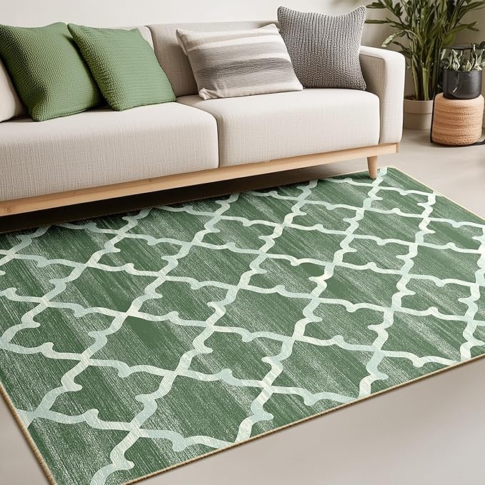 Area Rug 4x6, Moroccan Trellis Print Carpet, Machine Washable Non-Slip Rugs for Living Room, Bedroom, Dining Room & Entryway, Green