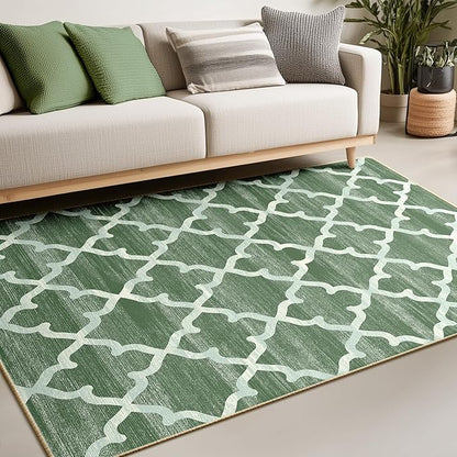 Area Rug 4x6, Moroccan Trellis Print Carpet, Machine Washable Non-Slip Rugs for Living Room, Bedroom, Dining Room & Entryway, Green