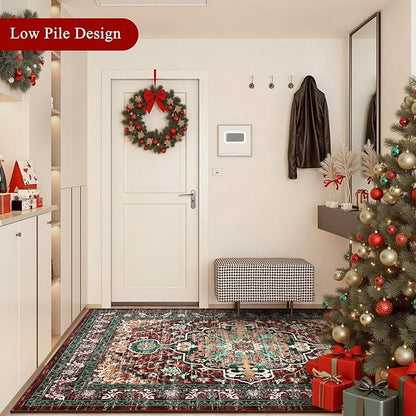 U'Artlines Boho Vintage Area Rug 4x6 ft Machine Washable Low Pile Soft Floor Carpet Non Slip Non Shedding Accent Rug for Living Room Bedroom Entryway Dining Room Office Rust＆Teal