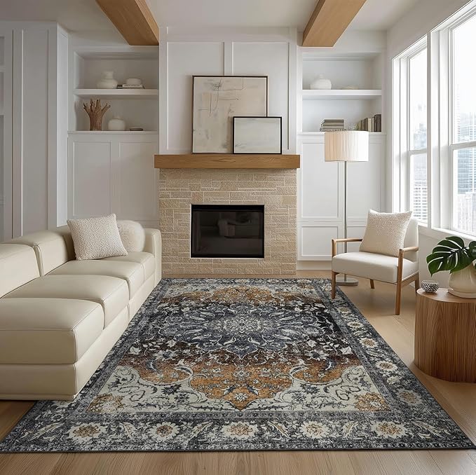 Washable Area Rugs 8x10, Large Rugs for Living Room, Carpet for Bedroom, Soft Faux Wool Retro Dining Room Rug, Non-Slip Backing Resistant Low Pile Vintage Print Rug for Home Office (Tan/Gray)