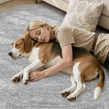 8ft Round Rug Living Room: Washable Large Vintage Rug Neutral Non-Slip Soft Stain Resistant Indoor Carpet for Bedroom Nursery Dining Room Under Table Bed Home House Office Playroom - Grey