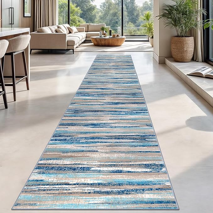 Modern Abstract Runner Rug 2.6x18, Blue Washable Long Kitchen Runner Non-Slip Soft Hallway Rug Runner Thin Print Faux Wool Carpet for Entryway Bedroom Laundry Room Indoor Home Decor