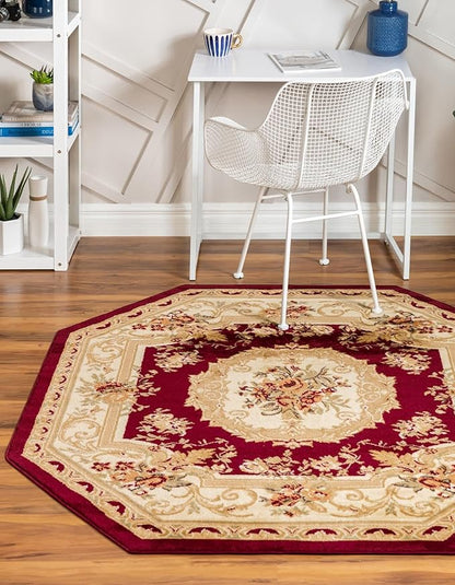 Unique Loom Versailles Collection Traditional Classic Floral Motif Area Rug (5' 0 x 5' 0 Octagon, Burgundy/Ivory)