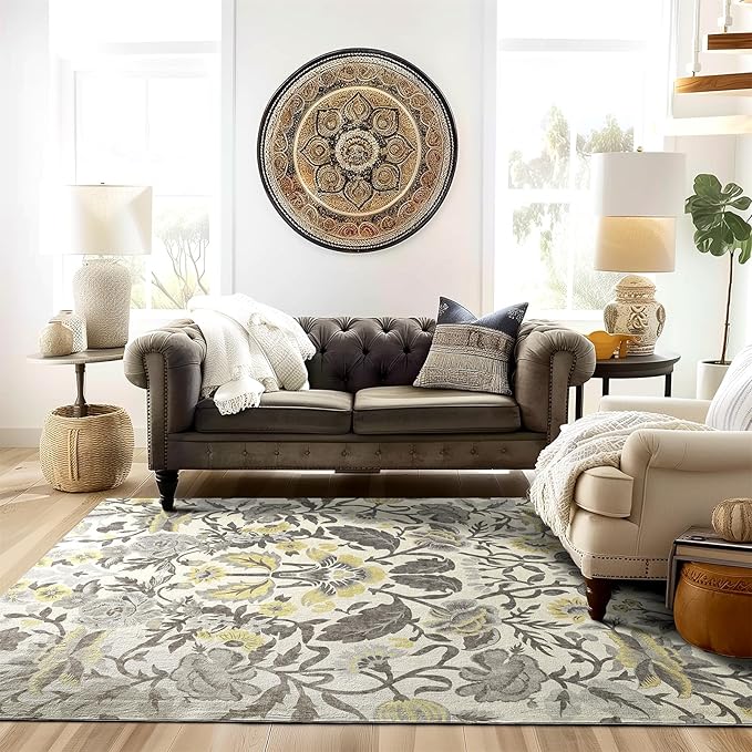 EVERGRACE Area Rugs for Living Room 8x10, Boho Floral Faux Wool Indoor Outdoor Rugs, Washable Rugs for Bedroom Dining Room Entryway Kitchen, Low Pile Floor Mat Carpet for Home Decor, Gray