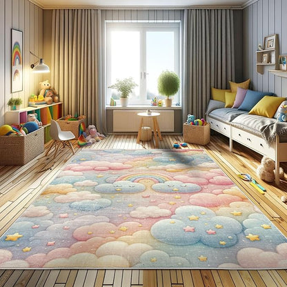 Ambesonne Cartoon Sky Decorative Rug, Dreamy Colors Celestial Atmosphere with Starry Kawaii Clouds Rainbow, Quality Carpet for Bedroom Dorm and Living Room, 5' 1" X 7' 5", Blush Mustard Blue