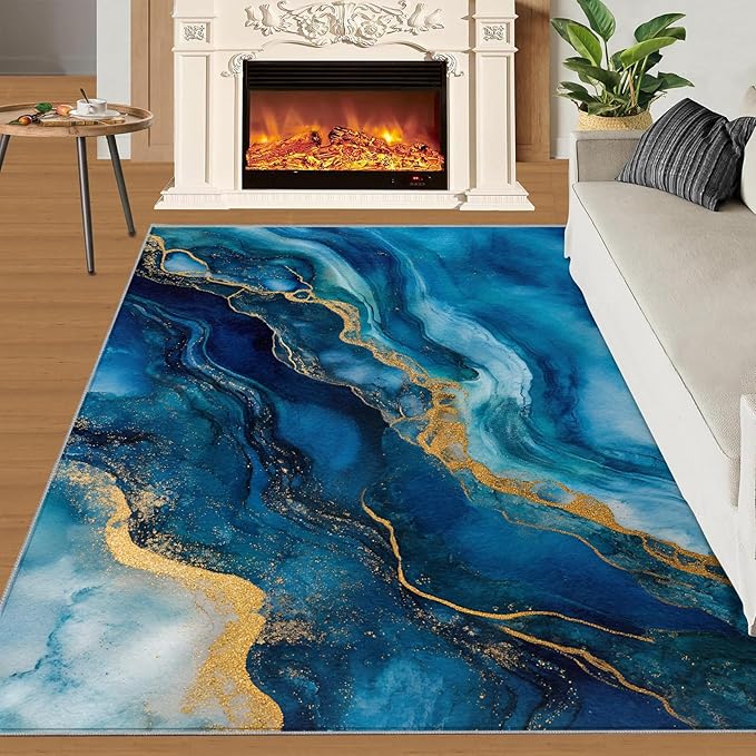 Blue Gold Marble Rugs for Bedroom - 6x8 Area Rug - Modern Fashion Marble Rugs for Living Room, European Light Luxury Art Rug, Washable Home Decor Carpet