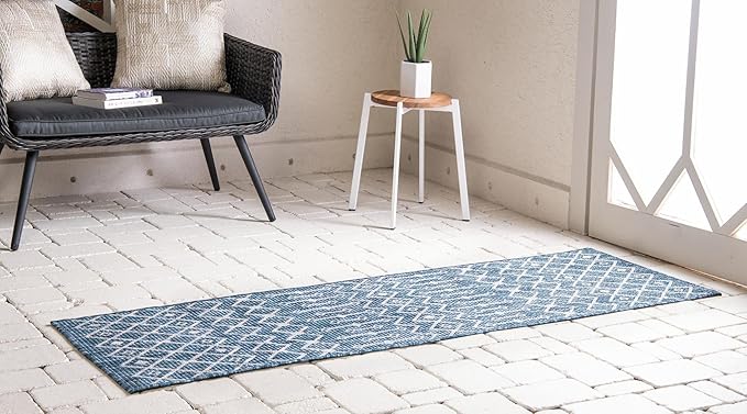 Unique Loom Outdoor Trellis Collection Area Rug - Tribal Trellis (2' 7" x 12' Runner, Blue/ Ivory)