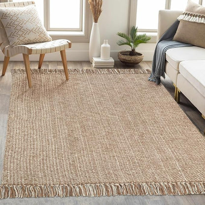 Collive Comfy Area Rug 4' x 6', Tan/Cream Woven Cotton Bedroom Rugs, Modern Indoor Accent Rug Floor Carpet with Tassel for Living Room, Nursery Room, Dining Room, Bedside, Office, Patio Decor