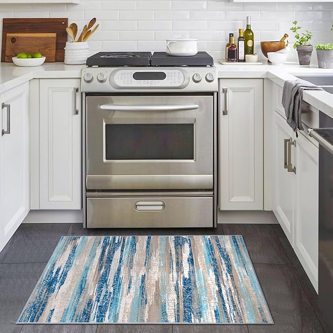 Small Abstract Area Rug, Entryway Rug Washable Door Mat Indoor Entrance, 2x3 Washable Rug Non-Slip, Soft Blue Kitchen Rugs Thin Print Faux Wool Floor Carpet Throw Rugs for Foyer Front Door Sink