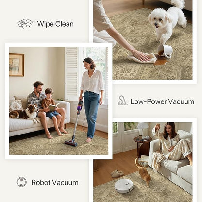 Bavni 5x7 Area Rugs for Living Room, Machine Washable Rug Non Slip, Vintage Chenille Distressed Print Carpet, Large Low Pile Ultra-Thin Lightweight Rugs for Bedroom, Dining Room, Office, Nut Brown
