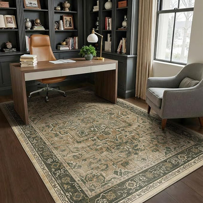 Medallione 6x8 Area Rugs for Living Room, Low Pile Thin Washable Non Slip Rugs for Bedroom Dining Room, Vintage Distressed Carpet for Home Office Guest Room, Multi Brown/Olive Accents