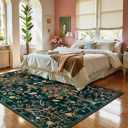 Morebes Boho Washable 5x7 Area Rugs, Dark Green Floral Rugs for Living Room Non Slip, Soft Botanical Indoor Floor Carpet for Kids Playroom Dining Room Bedroom Nursery Dorm