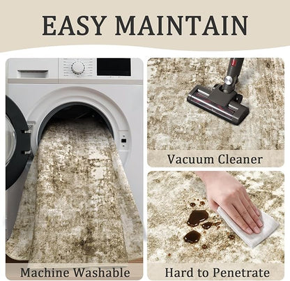 3x5 Machine Washable Area Rug for Entryway, Brown Modern Vintage Abstract Rug Non-Slip Low Pile Soft Faux Wool Small Carpet, Kids and Pets Friendly for Bedroom Kitchen Hallway Home Decor Rug