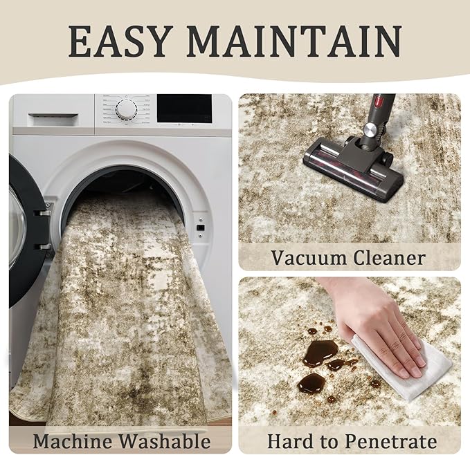 6x9 Machine Washable Area Rug for Living Room, Brown Modern Vintage Abstract Rug Large Non-Slip Low Pile Soft Faux Wool Carpet, Kids and Pets Friendly for Bedroom Dining Room Farmhouse Home Decor Rug